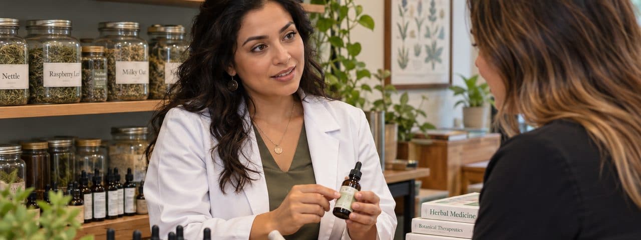 Naturopathic physician consulting at an herbal dispensary